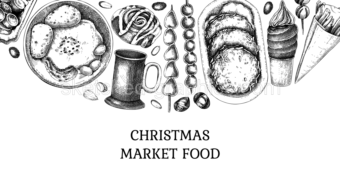 Traditional European Christmas market food banner. Fast food menu design elements. Vintage hand-drawn vector illustration. Pastry, sweets, grilled sausages, hot drinks sketches. Christmas street food Illustration
